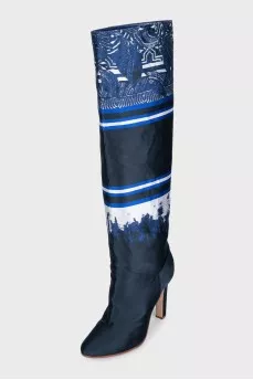 Printed textile over-the-knee boots with heels