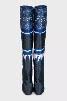 Printed textile over-the-knee boots with heels