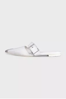 White leather pointed toe mules