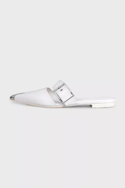 White leather pointed toe mules