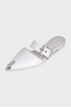 White leather pointed toe mules
