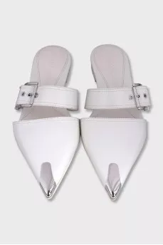 White leather pointed toe mules