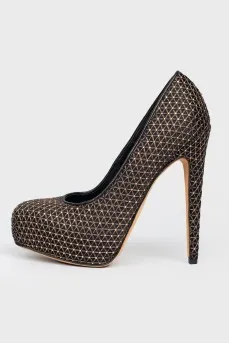Shoes with golden braid and rhinestones