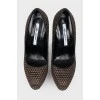 Shoes with golden braid and rhinestones