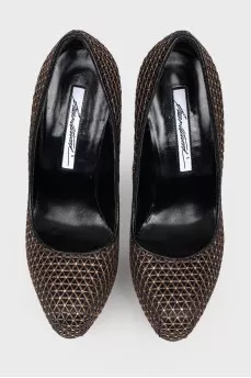 Shoes with golden braid and rhinestones