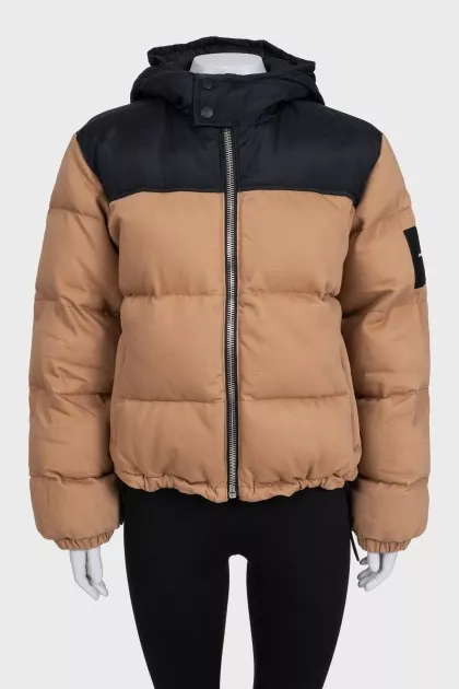 Brown down jacket with a hood