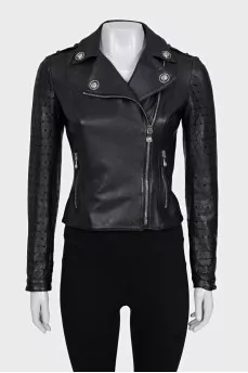 Black leather jacket with perforated sleeves