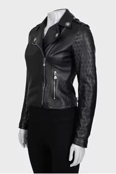Black leather jacket with perforated sleeves