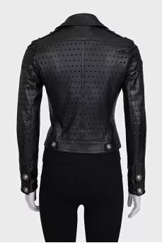 Black leather jacket with perforated sleeves