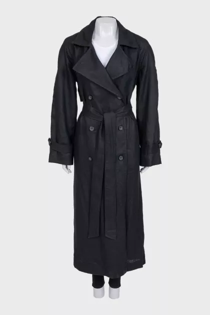 Black double-breasted linen trench coat