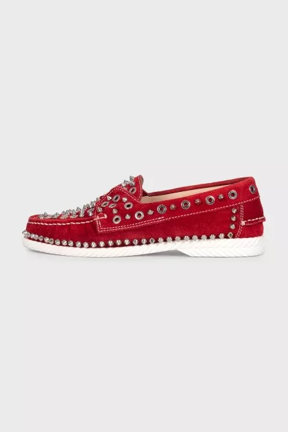 Red suede studded loafers