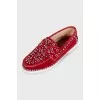 Red suede studded loafers