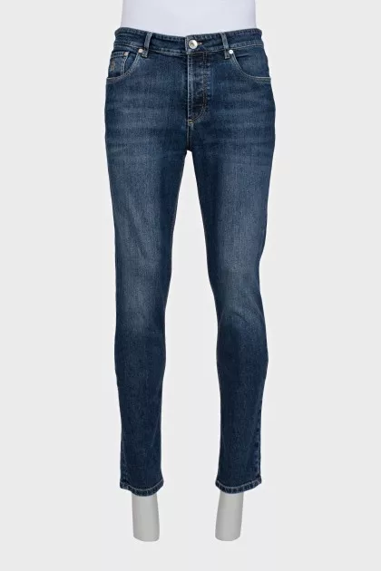Men's blue straight-leg jeans with buttons