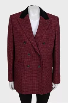 Red double-breasted jacket with tag
