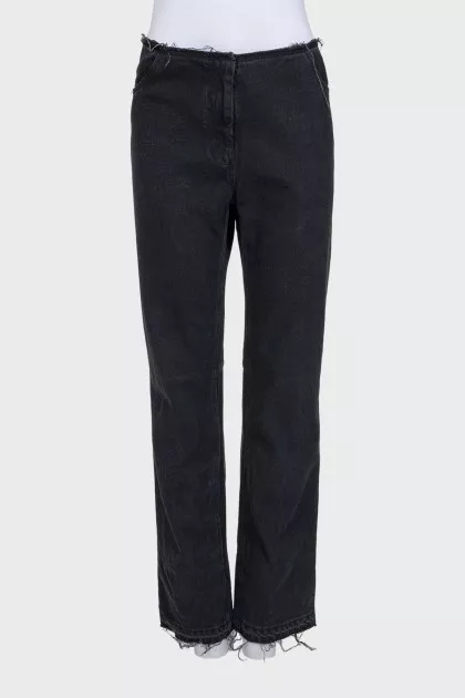 Black wide leg fit jeans with raw seams