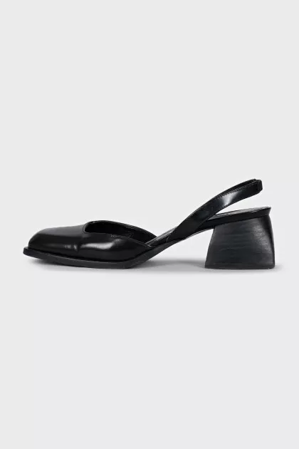 Black leather square toe slingbacks