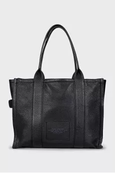 Black leather tote with logo