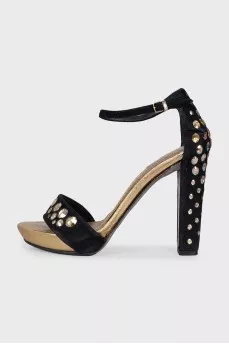 Suede heeled sandals with rhinestones