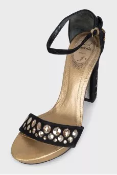 Suede heeled sandals with rhinestones