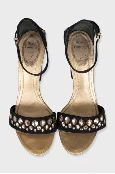 Suede heeled sandals with rhinestones
