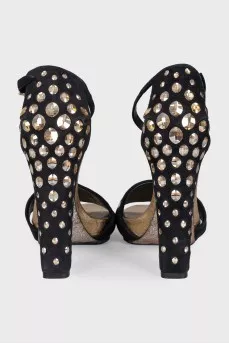 Suede heeled sandals with rhinestones