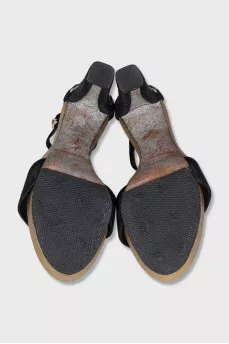 Suede heeled sandals with rhinestones