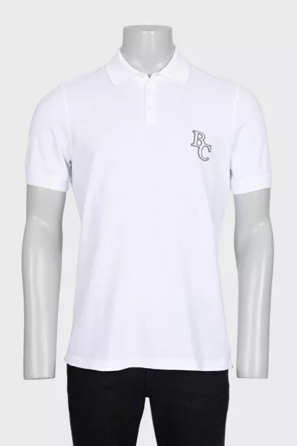 Men's white polo shirt with a patch