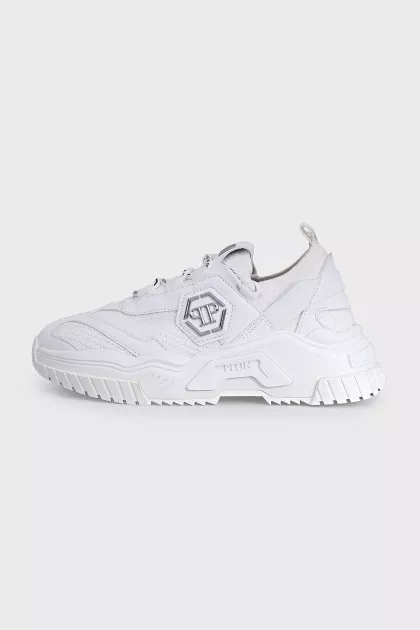 Textile and leather sneakers with printed laces