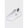 Textile and leather sneakers with printed laces