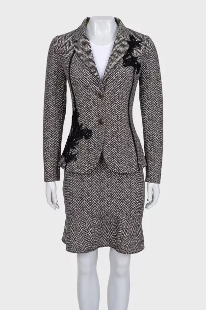 Black and white printed skirt suit