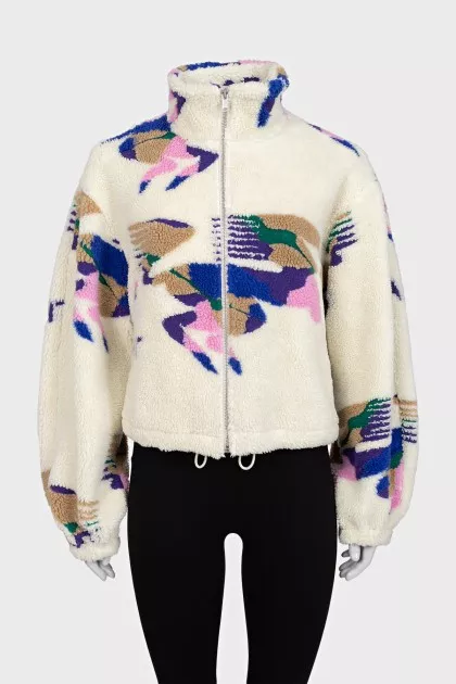 White teddy bomber jacket with print