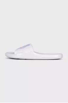 White flip-flops with a brand logo