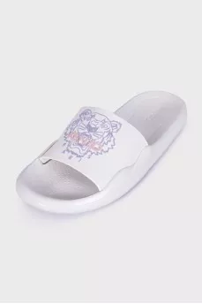 White flip-flops with a brand logo