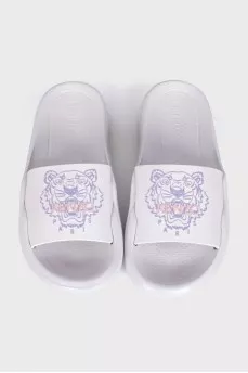 White flip-flops with a brand logo