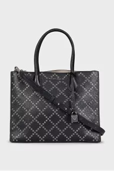 Black leather tote with eyelet decoration
