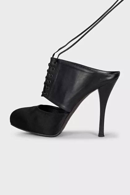 Leather and textile mules with laces