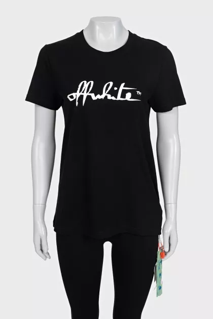 Black T-shirt with branded print and tag