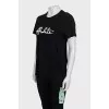 Black T-shirt with branded print and tag