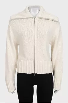 White zip-up cardigan with tag