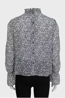 Black floral print blouse with ruffles