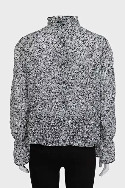 Black floral print blouse with ruffles