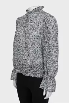 Black floral print blouse with ruffles