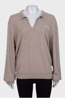 Brown cashmere pullover with embroidered logo