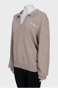 Brown cashmere pullover with embroidered logo