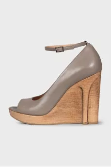Gray shoes with wooden wedge heels