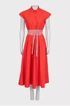 Red dress with a striped belt