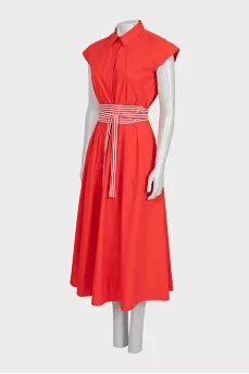 Red dress with a striped belt