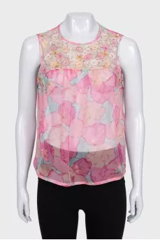 Pink floral print top with rhinestones