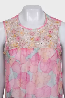 Pink floral print top with rhinestones