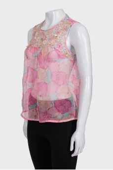 Pink floral print top with rhinestones